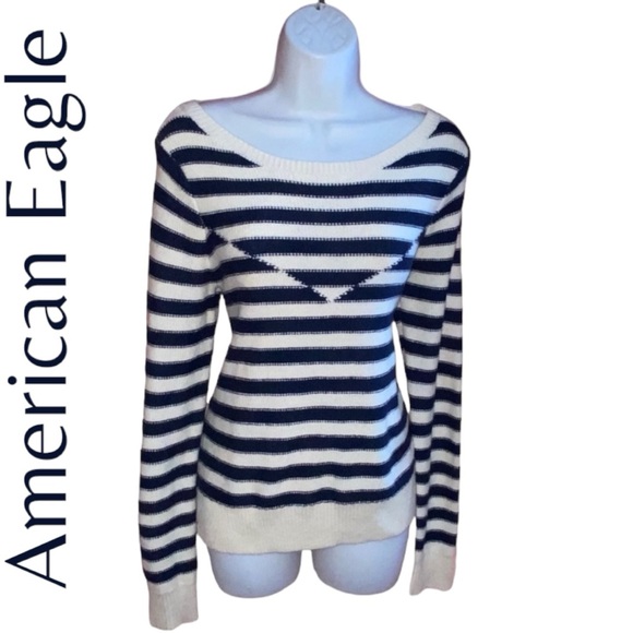 American Eagle Wool Blend Navy Cream Striped Sweater - Women’s Medium - Picture 8 of 15
